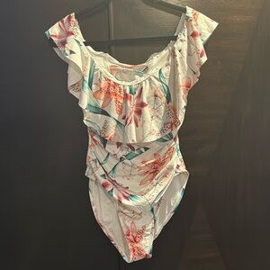 LA BLANCA Orchid Floral White One Piece Swimsuit Off Shoulder Size 10 EUC